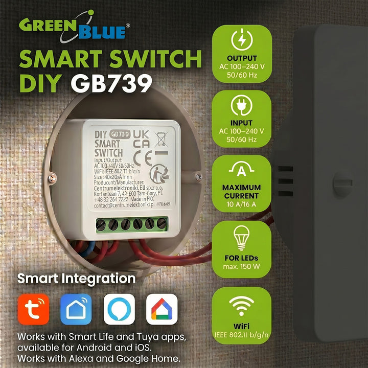 Вграден WiFi предавател GreenBlue, Android/iOS/Alexa/Google Home, 100–240 V променливо напрежение, 50/60 Hz, макс. 16 A, за LED 150 W, GB739