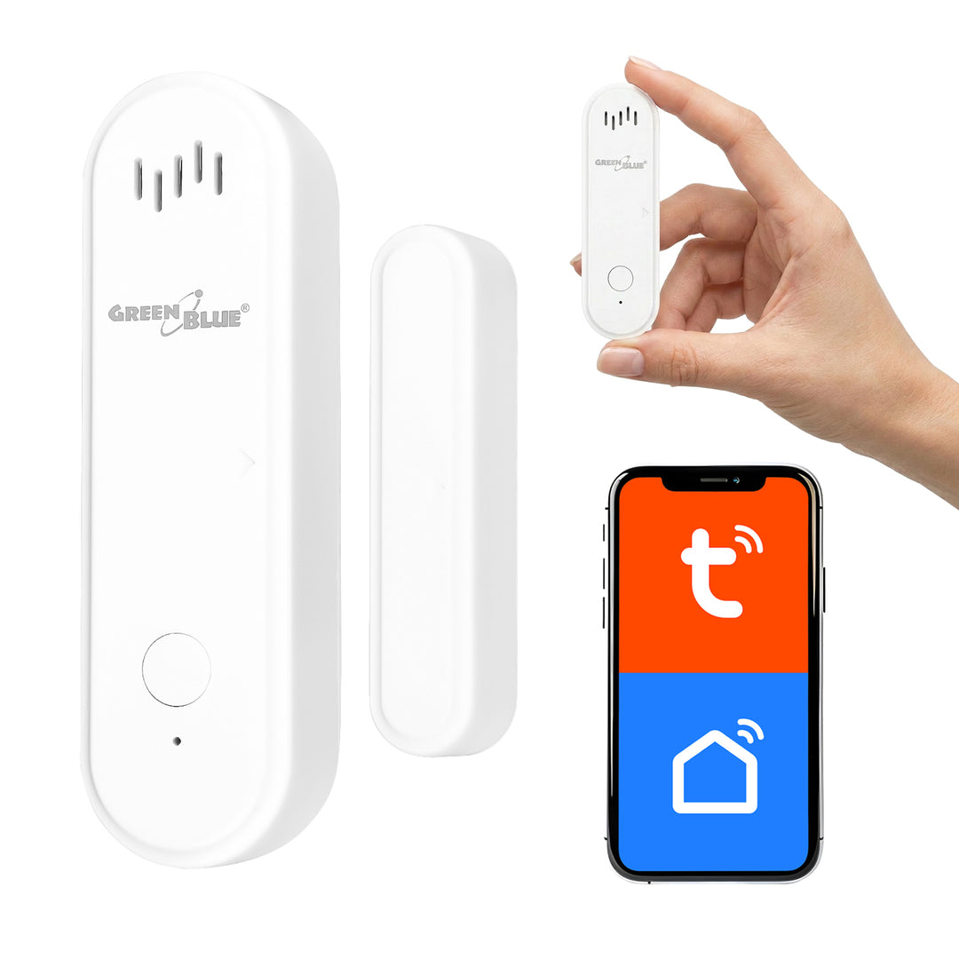 Безжичен релеен датчик / датчик за отваряне WiFi GreenBlue, Android/iOS, за врати / прозорци, 3,0 V DC, LR03x2, със сигнал за тревога, GB478