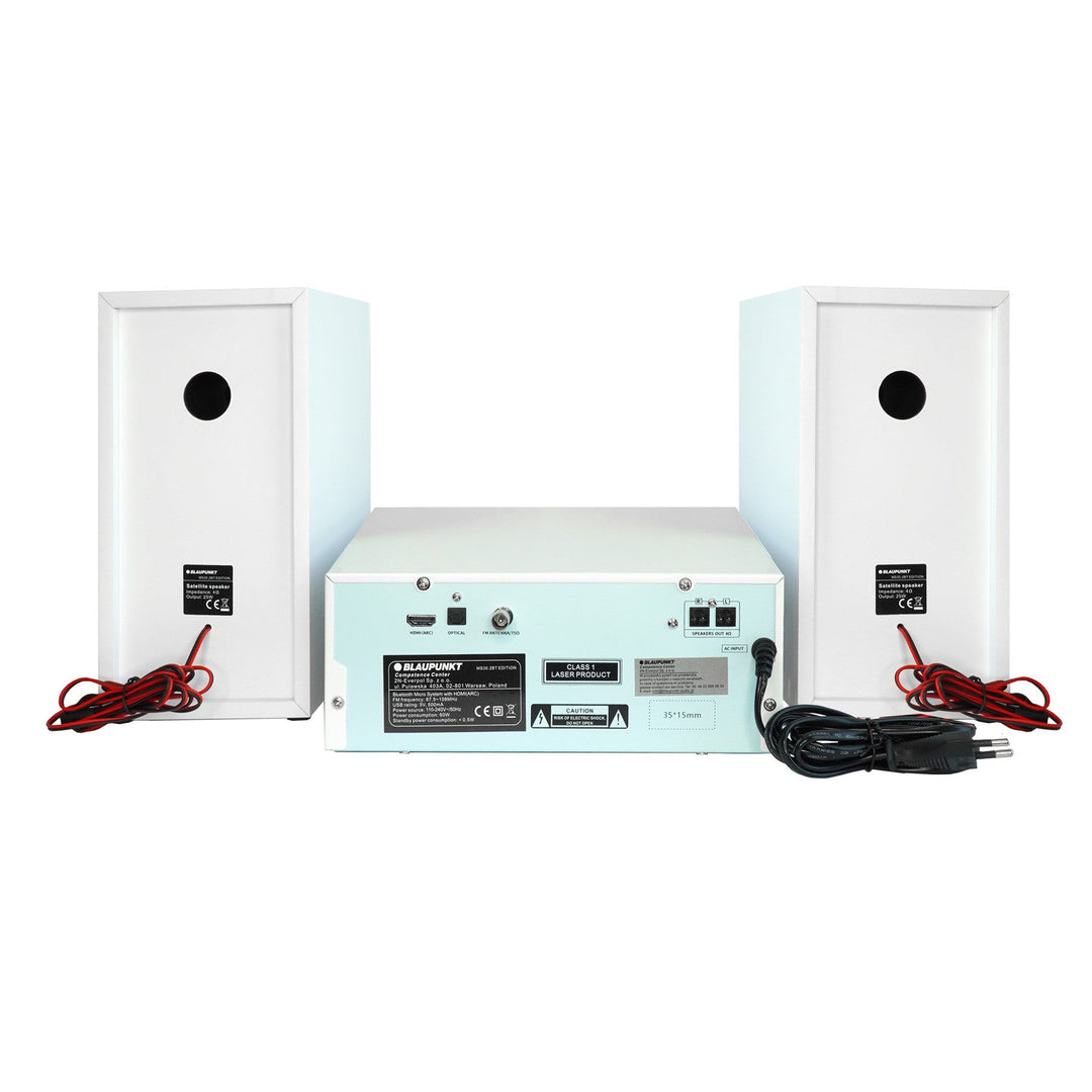 Микросистема Blaupunkt, мощност 150 W, FM радио, AUX гнездо и USB порт, Bluetooth, HDMI вход, часовник с аларма, LED дисплей, бял цвят, MS30.02BT