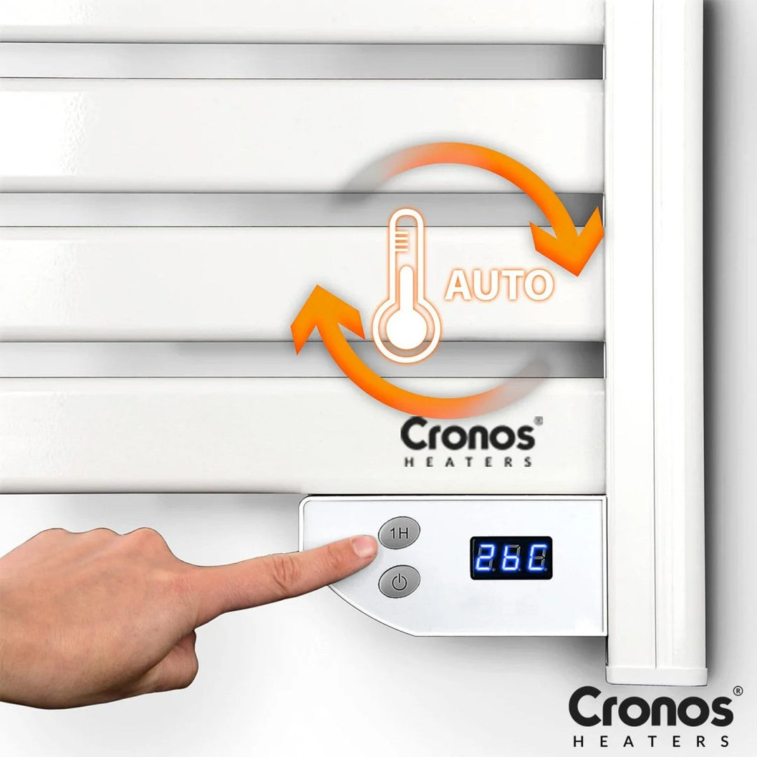 Електрически нагревател за баня Cronos, мощност 500 W, отоплява помещения до 6 м², LCD дисплей, функции AUTO, TIMER и откриване на отворени прозорци, TW-500
