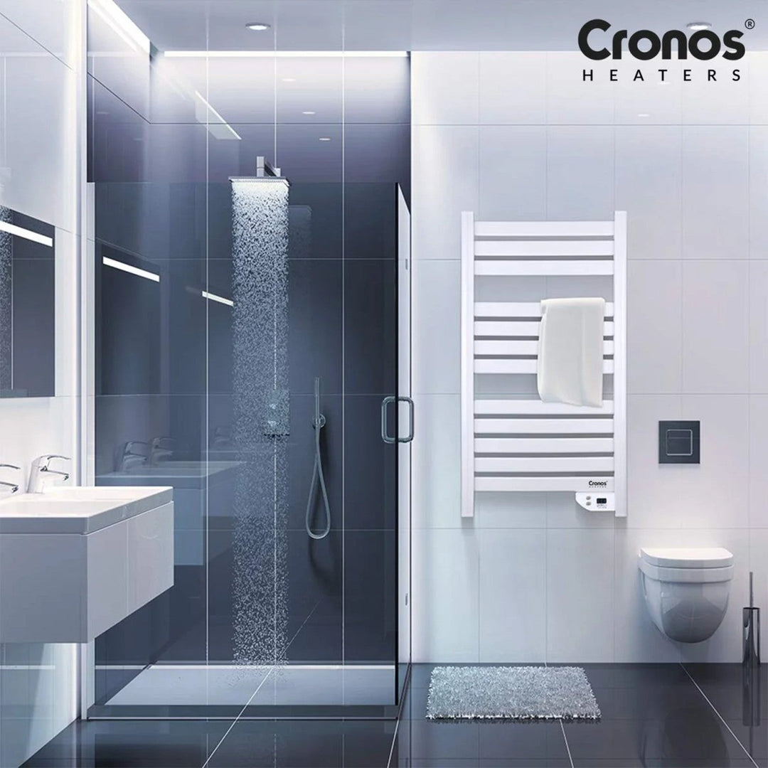 Електрически нагревател за баня Cronos, мощност 500 W, отоплява помещения до 6 м², LCD дисплей, функции AUTO, TIMER и откриване на отворени прозорци, TW-500