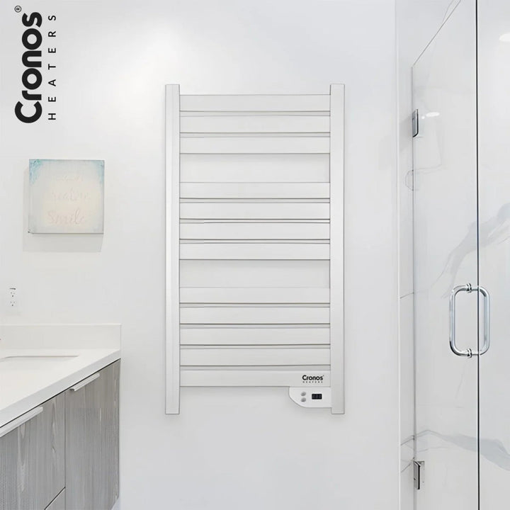 Електрически нагревател за баня Cronos, мощност 500 W, отоплява помещения до 6 м², LCD дисплей, функции AUTO, TIMER и откриване на отворени прозорци, TW-500