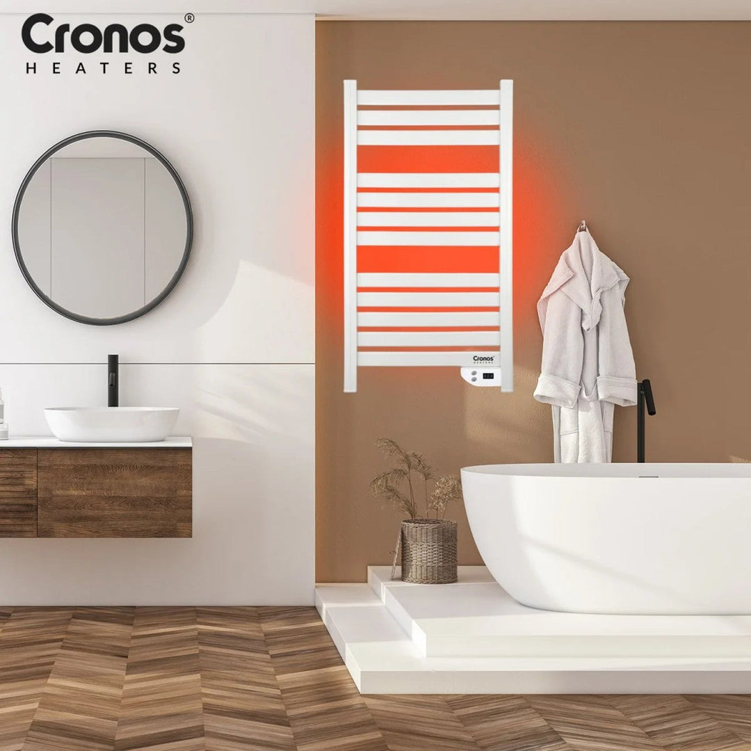 Електрически нагревател за баня Cronos, мощност 500 W, отоплява помещения до 6 м², LCD дисплей, функции AUTO, TIMER и откриване на отворени прозорци, TW-500