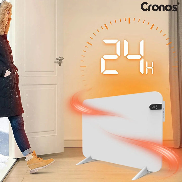 Електрически нагревател Cronos, бял, мощност 450 W, отоплява помещения до 14 м², вграден термостат, дистанционно управление, функция за откриване на отворен прозорец, включени крачета, WFH-450TW