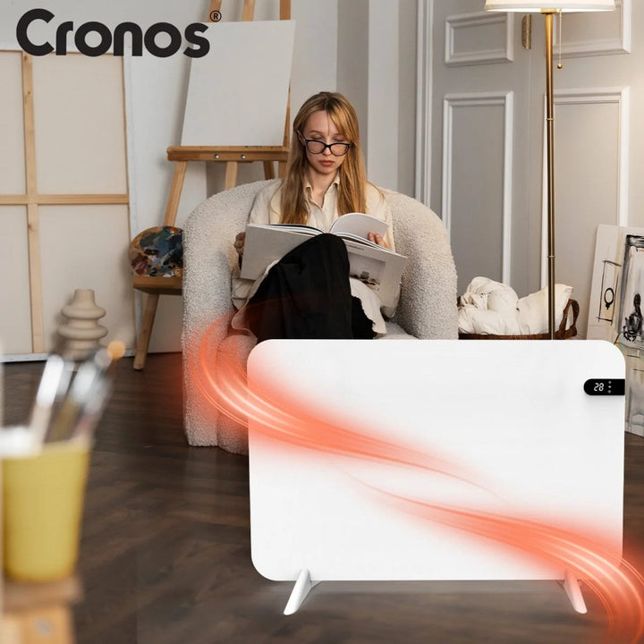Електрически нагревател Cronos, бял, мощност 450 W, отоплява помещения до 14 м², вграден термостат, дистанционно управление, функция за откриване на отворен прозорец, включени крачета, WFH-450TW