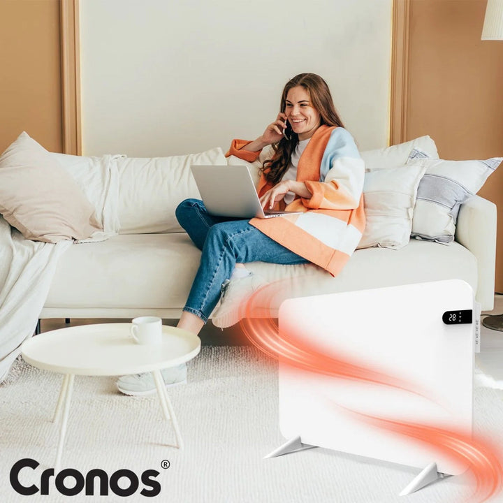 Електрически нагревател Cronos, бял, мощност 450 W, отоплява помещения до 14 м², вграден термостат, дистанционно управление, функция за откриване на отворен прозорец, включени крачета, WFH-450TW