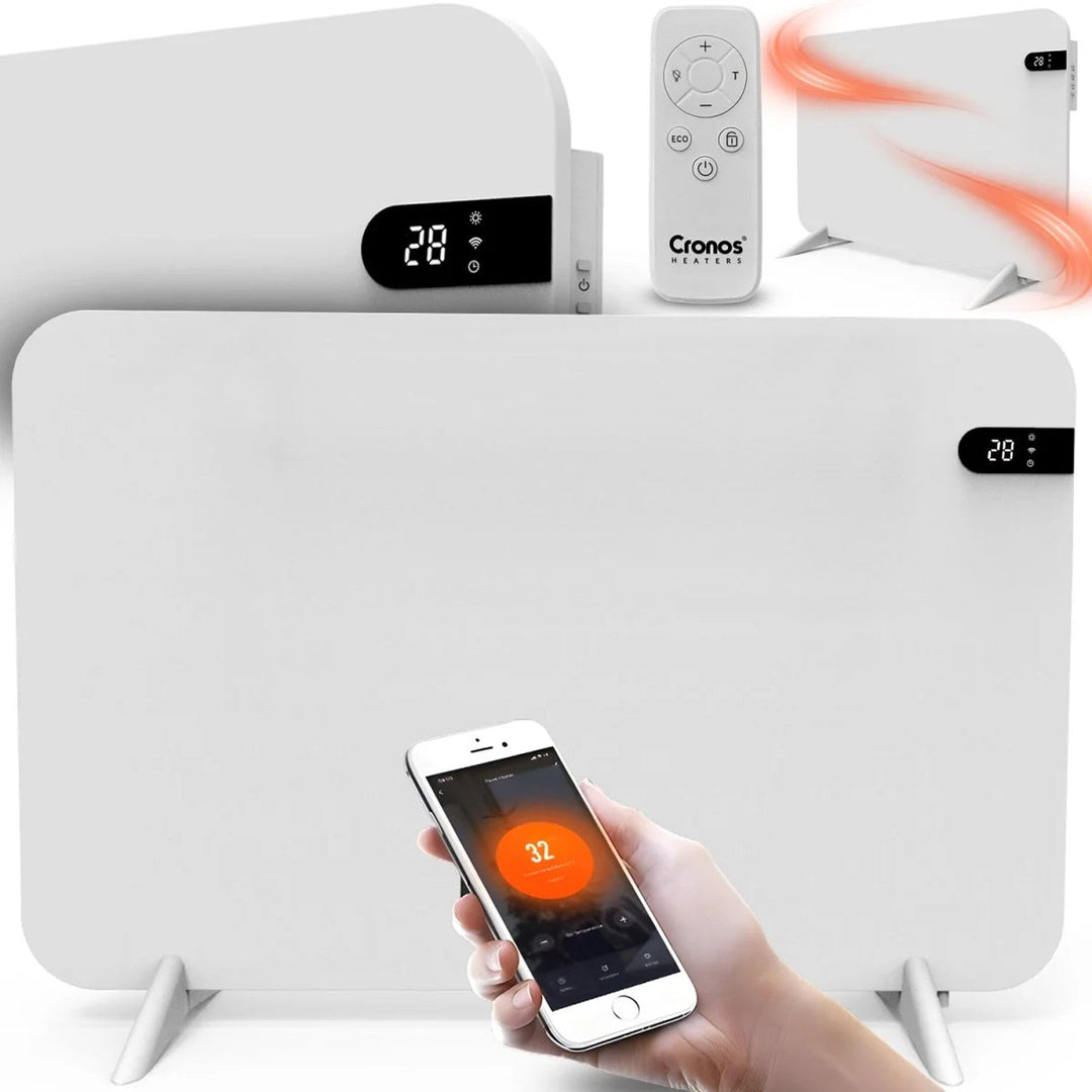Електрически нагревател Cronos, бял, мощност 450 W, отоплява помещения до 14 м², вграден термостат, дистанционно управление, функция за откриване на отворен прозорец, включени крачета, WFH-450TW