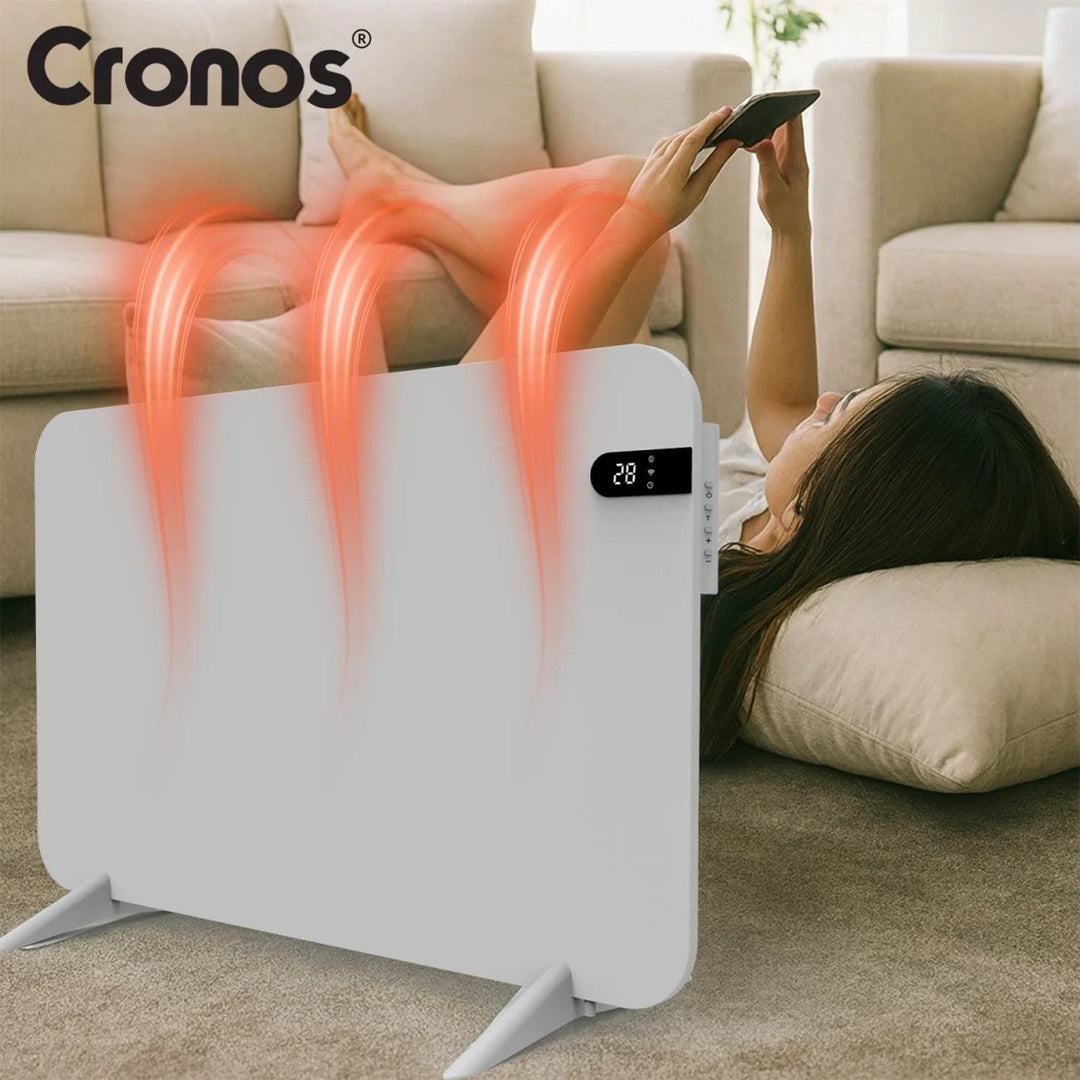 Електрически нагревател Cronos, бял, мощност 450 W, отоплява помещения до 14 м², вграден термостат, дистанционно управление, функция за откриване на отворен прозорец, включени крачета, WFH-450TW