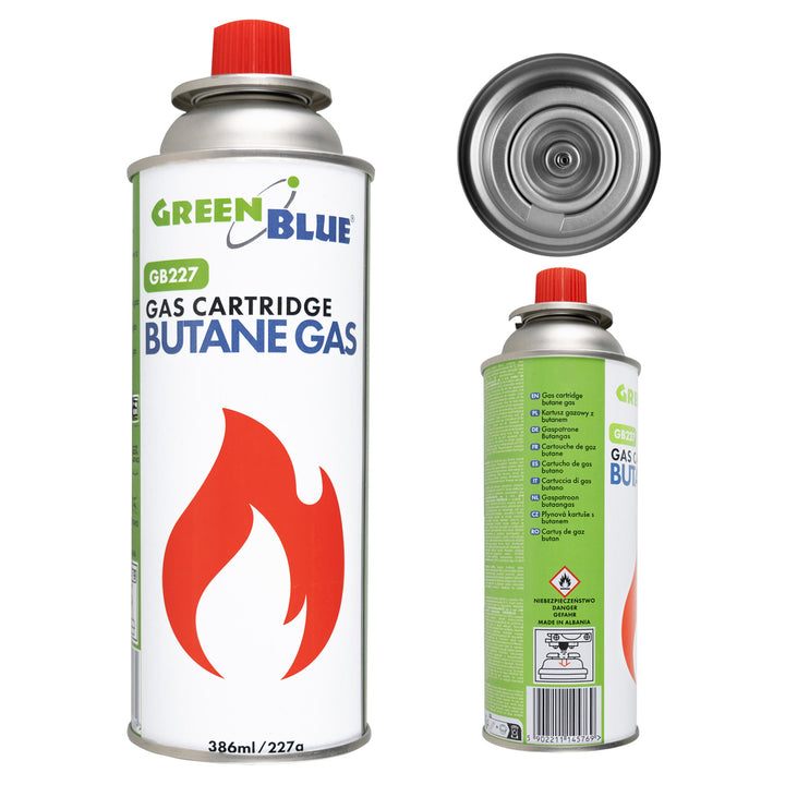 Газова бутилка 227 г GreenBlue. Сертификат: Pi 0875, в съответствие със стандарт EN417, бутан, работен диапазон от -10 °C до +40 °C, GB227