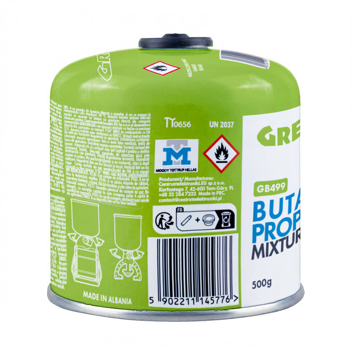 Газова бутилка 500 г GreenBlue. Сертификат: Pi 0437, в съответствие с EN417, бутан-пропан, работен диапазон от -10 °C до +40 °C, резбован вентил 7/16'' GB499