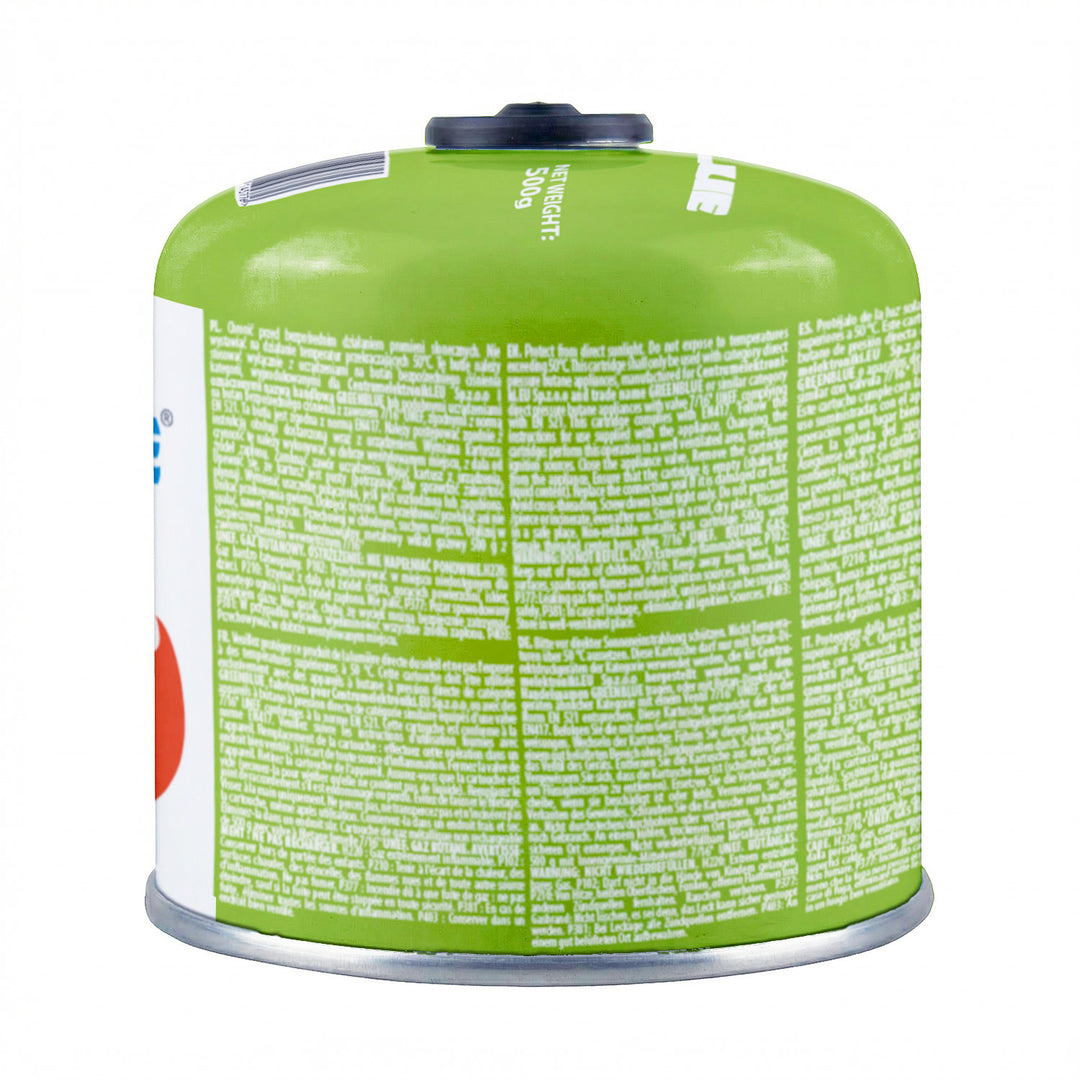 Газова бутилка 500 г GreenBlue. Сертификат: Pi 0437, в съответствие с EN417, бутан-пропан, работен диапазон от -10 °C до +40 °C, резбован вентил 7/16'' GB499