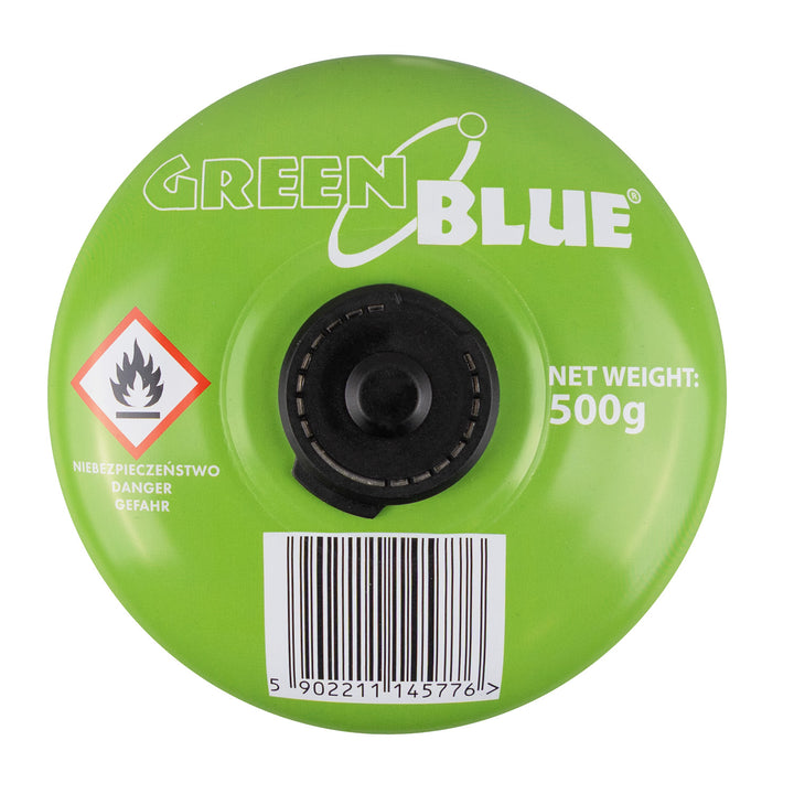 Газова бутилка 500 г GreenBlue. Сертификат: Pi 0437, в съответствие с EN417, бутан-пропан, работен диапазон от -10 °C до +40 °C, резбован вентил 7/16'' GB499