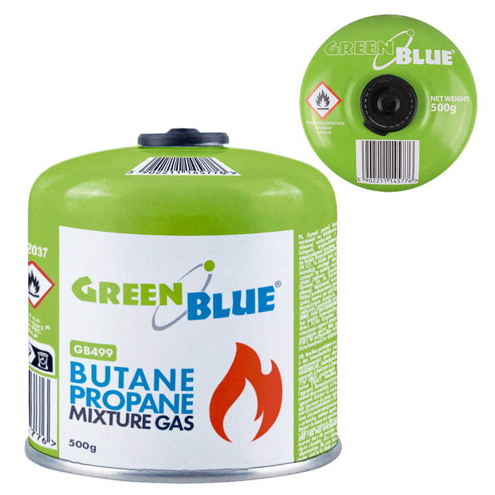 Газова бутилка 500 г GreenBlue. Сертификат: Pi 0437, в съответствие с EN417, бутан-пропан, работен диапазон от -10 °C до +40 °C, резбован вентил 7/16'' GB499