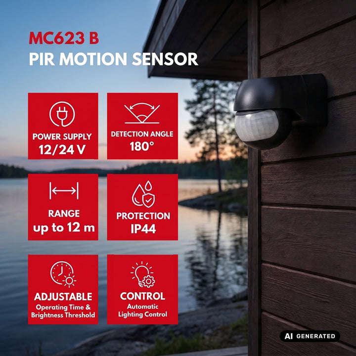 PIR датчик за движение 12-24 V Maclean, инфрачервен, IP44, черен, обхват 12 м, макс. натоварване 60/120 W, MCE623 B