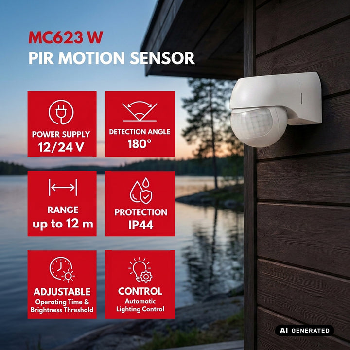 PIR датчик за движение 12–24 V Maclean, инфрачервен, IP44, бял, обхват 12 м, макс. натоварване 60/120 W, MCE623 W