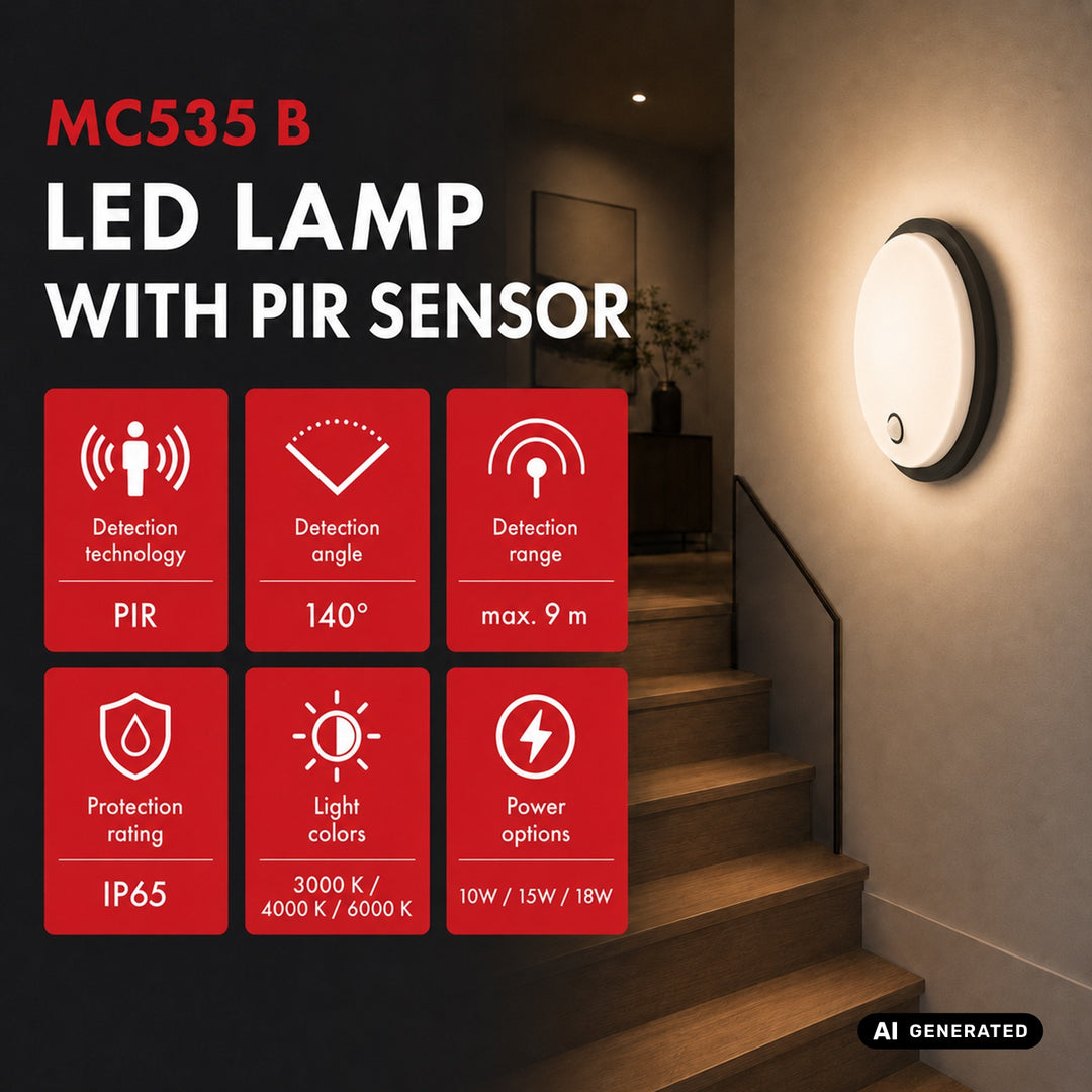 LED лампа с датчик за движение Maclean, PIR датчик, черна, 10 W/15 W/18 W, IP65, възможност за промяна на цветовата температура 3000/4000/6000 K, MCE535 B