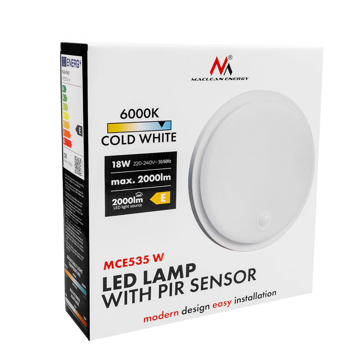 LED лампа с датчик за движение Maclean, PIR датчик, бяла, 10 W/15/18 W, IP65, възможност за промяна на цветовата температура 3000/4000/6000 K, MCE535 W
