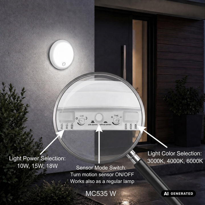 LED лампа с датчик за движение Maclean, PIR датчик, бяла, 10 W/15/18 W, IP65, възможност за промяна на цветовата температура 3000/4000/6000 K, MCE535 W