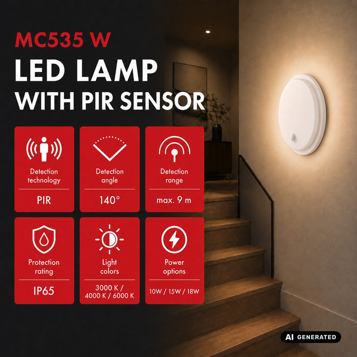 LED лампа с датчик за движение Maclean, PIR датчик, бяла, 10 W/15/18 W, IP65, възможност за промяна на цветовата температура 3000/4000/6000 K, MCE535 W