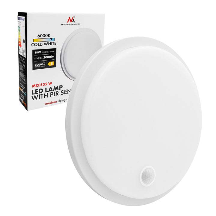 LED лампа с датчик за движение Maclean, PIR датчик, бяла, 10 W/15/18 W, IP65, възможност за промяна на цветовата температура 3000/4000/6000 K, MCE535 W