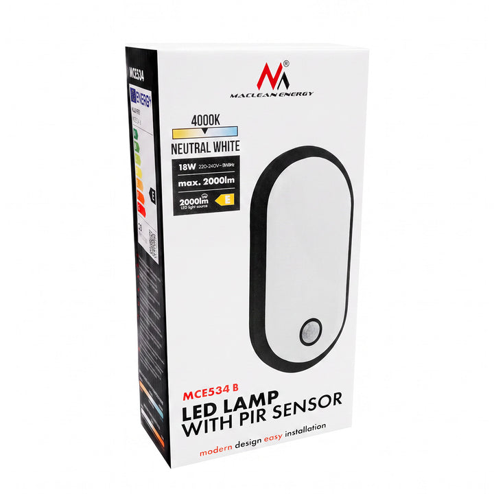 LED лампа с датчик за движение Maclean, PIR датчик, черна, 10 W/15/18 W, IP65, възможност за промяна на цветовата температура 3000/4000/6000 K, MCE534 B