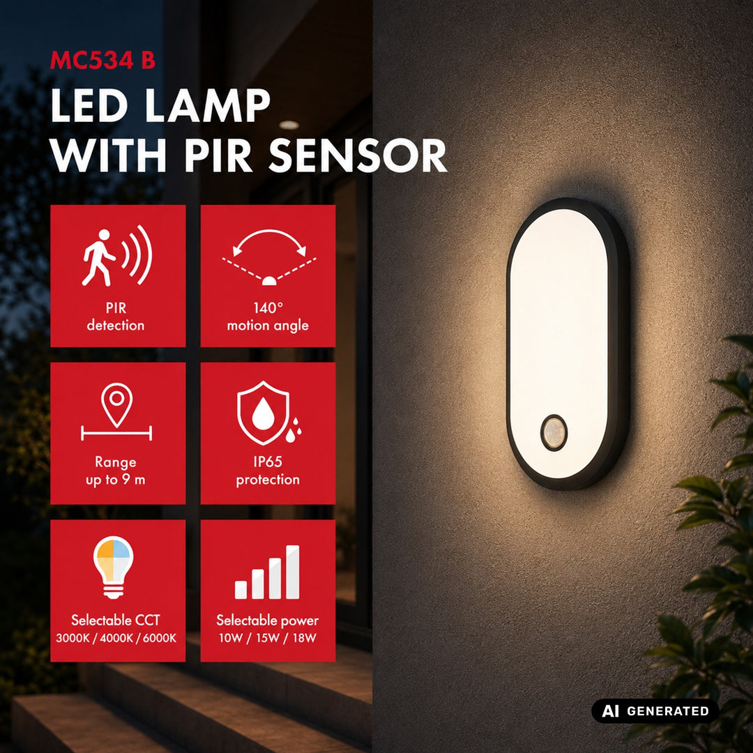 LED лампа с датчик за движение Maclean, PIR датчик, черна, 10 W/15/18 W, IP65, възможност за промяна на цветовата температура 3000/4000/6000 K, MCE534 B