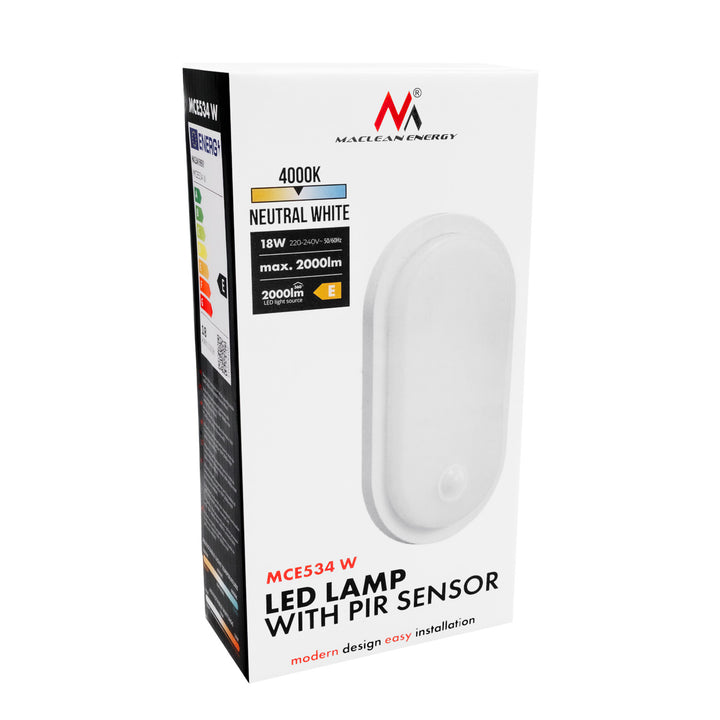 LED лампа с датчик за движение Maclean, PIR датчик, бяла, 10 W/15/18 W, IP65, възможност за промяна на цветовата температура 3000/4000/6000 K, MCE534 W