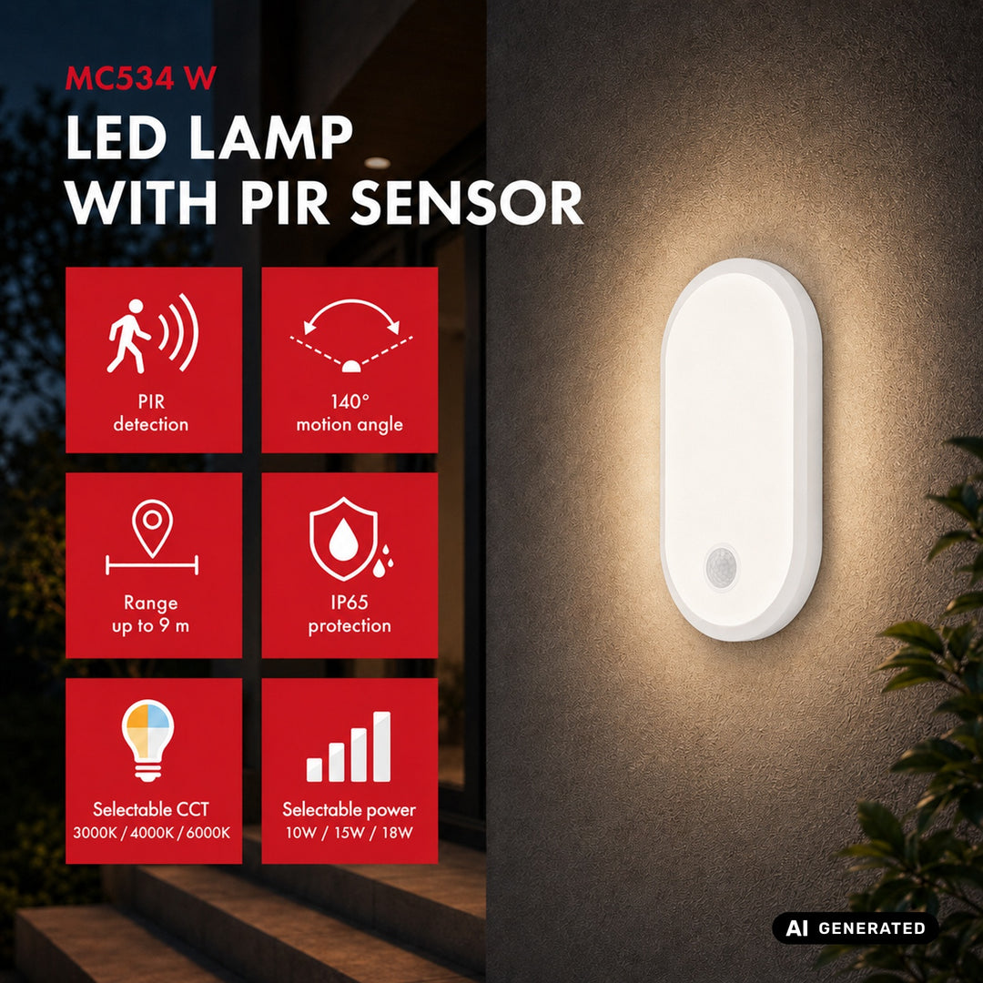 LED лампа с датчик за движение Maclean, PIR датчик, бяла, 10 W/15/18 W, IP65, възможност за промяна на цветовата температура 3000/4000/6000 K, MCE534 W