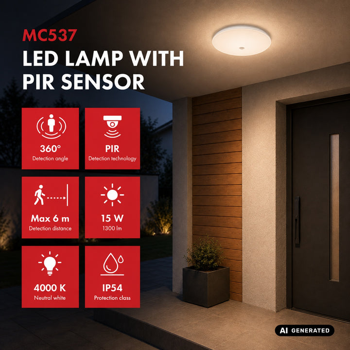 LED лампа с PIR сензор Maclean, за монтаж на таван, 15 W, 1300 lm, IP54, 220–240 V~ 50/60 Hz, MCE537