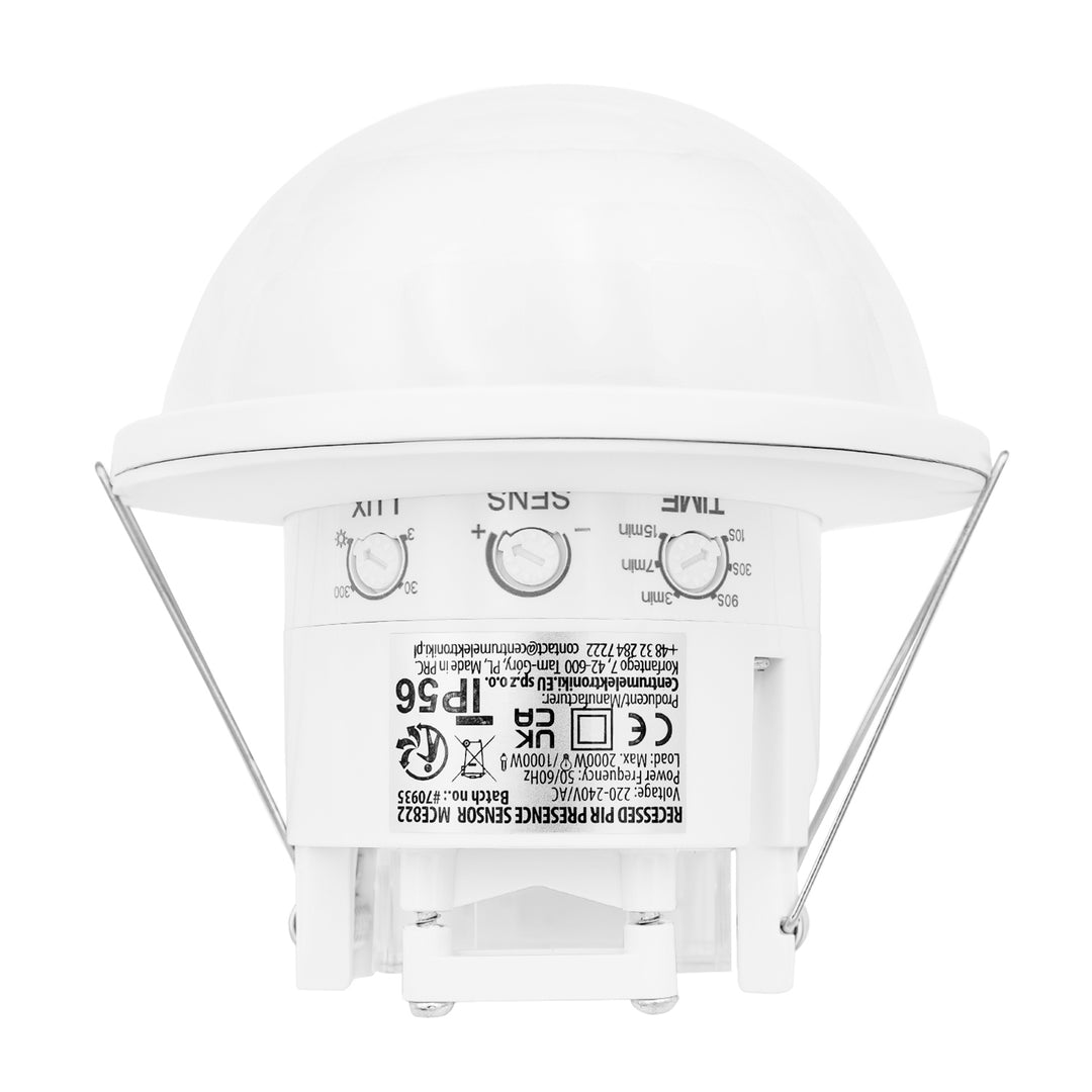 PIR датчик за присъствие Maclean, за вграждане, обхват 10x40 м, 1000 W/2000 W, 220–240 V променливо напрежение, 50/60 Hz, IP54, MCE822