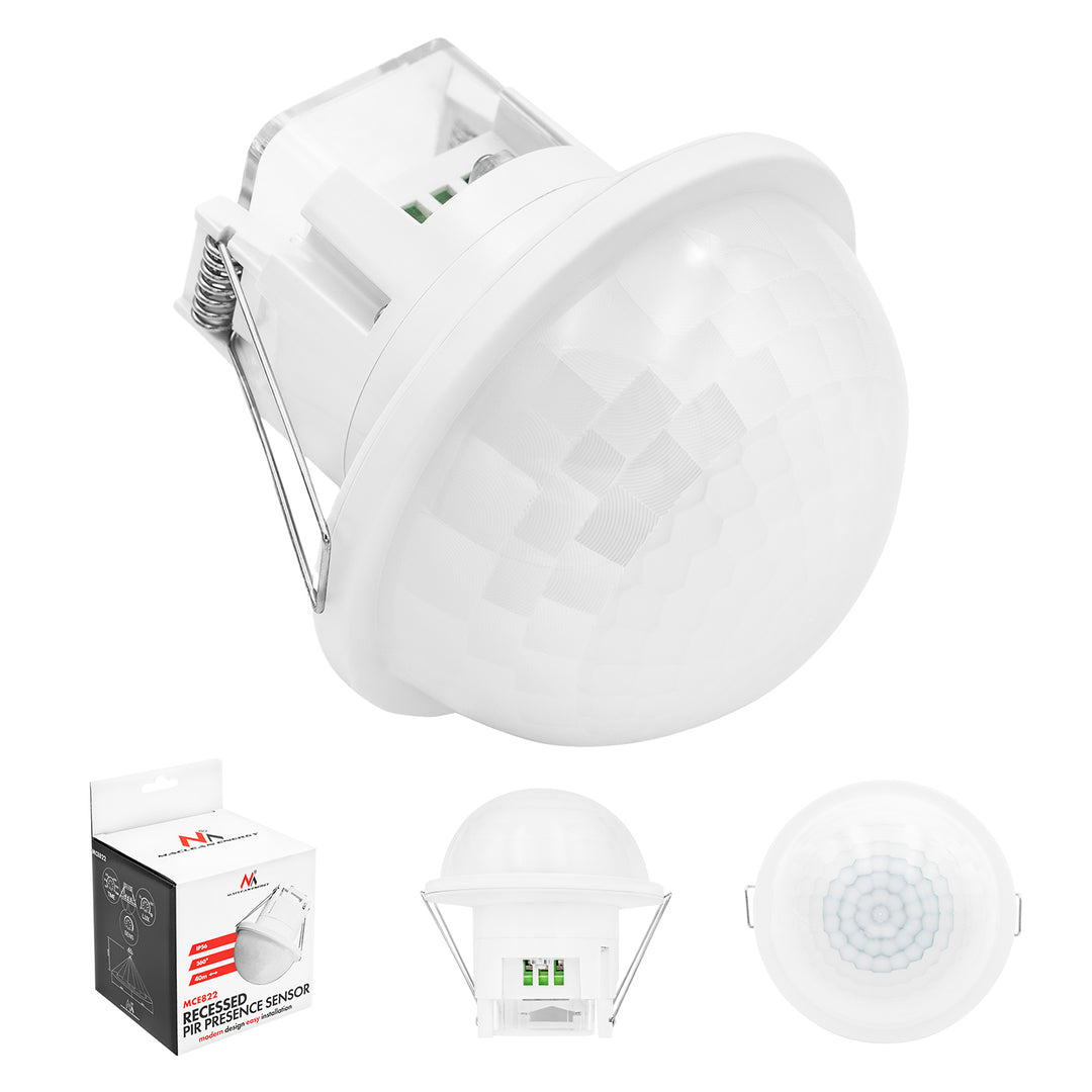 PIR датчик за присъствие Maclean, за вграждане, обхват 10x40 м, 1000 W/2000 W, 220–240 V променливо напрежение, 50/60 Hz, IP54, MCE822