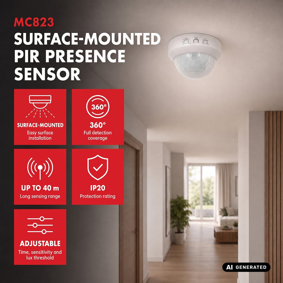 PIR датчик за присъствие Maclean, за монтаж върху стена, обхват 10x40 м, 1000 W/2000 W, 220–240 V AC, 50/60 Hz, MCE823