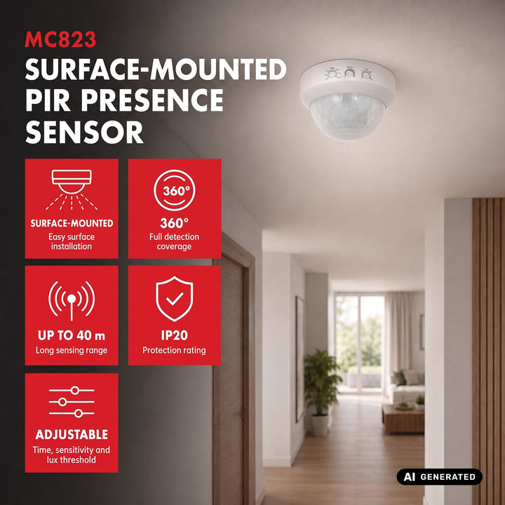 PIR датчик за присъствие Maclean, за монтаж върху стена, обхват 10x40 м, 1000 W/2000 W, 220–240 V AC, 50/60 Hz, MCE823