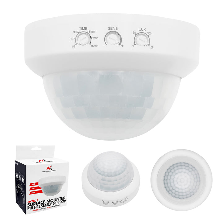 PIR датчик за присъствие Maclean, за монтаж върху стена, обхват 10x40 м, 1000 W/2000 W, 220–240 V AC, 50/60 Hz, MCE823