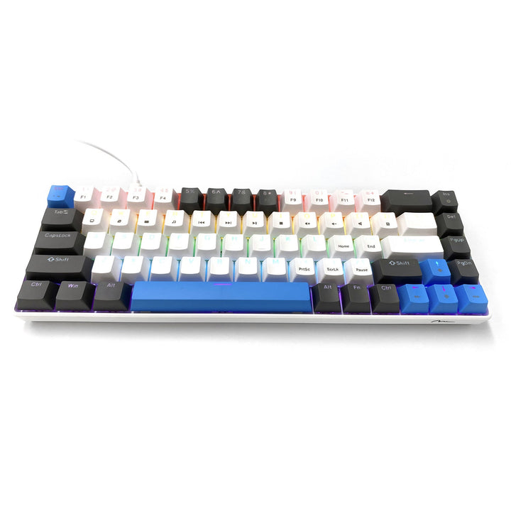 RED CORE MX60 - Кратка 60% механична геймърска клавиатура, безшумни механични превключватели RED, цветна подсветка, 68 клавиша, USB-C. Цвят: бял/син. Mediatech