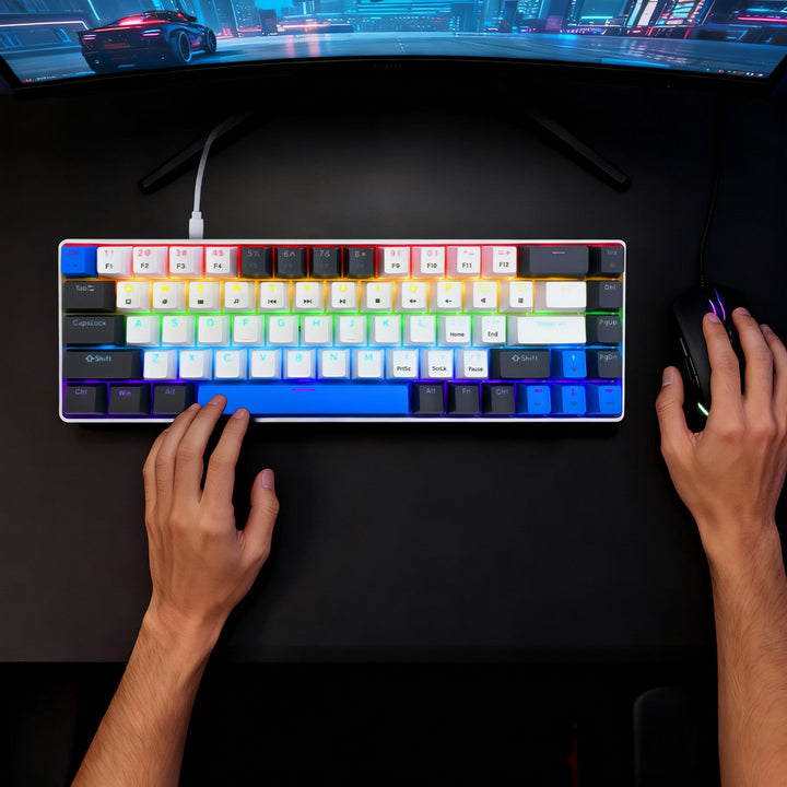 RED CORE MX60 - Кратка 60% механична геймърска клавиатура, безшумни механични превключватели RED, цветна подсветка, 68 клавиша, USB-C. Цвят: бял/син. Mediatech