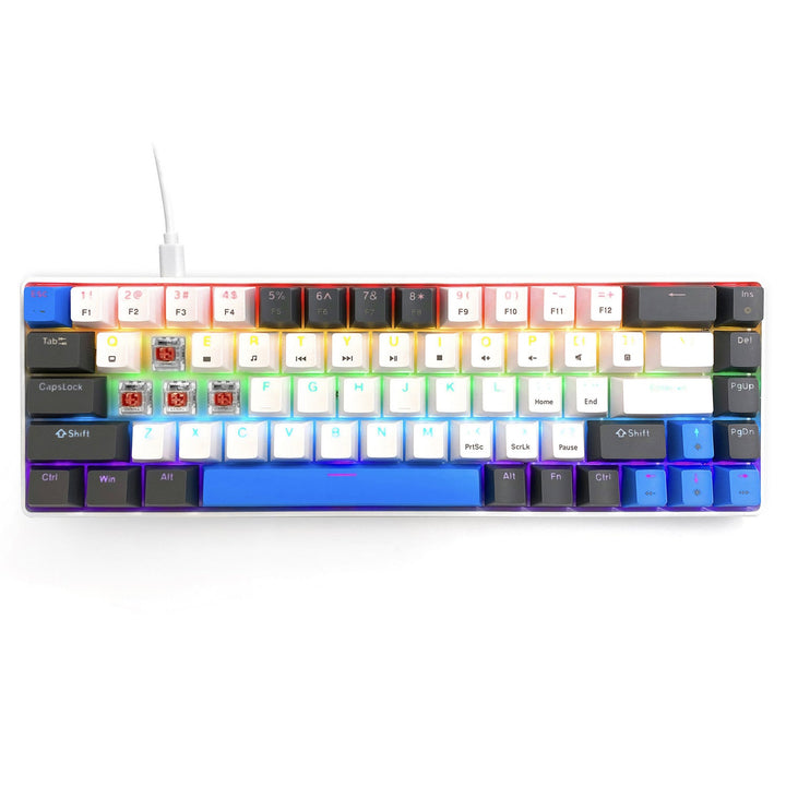 RED CORE MX60 - Кратка 60% механична геймърска клавиатура, безшумни механични превключватели RED, цветна подсветка, 68 клавиша, USB-C. Цвят: бял/син. Mediatech
