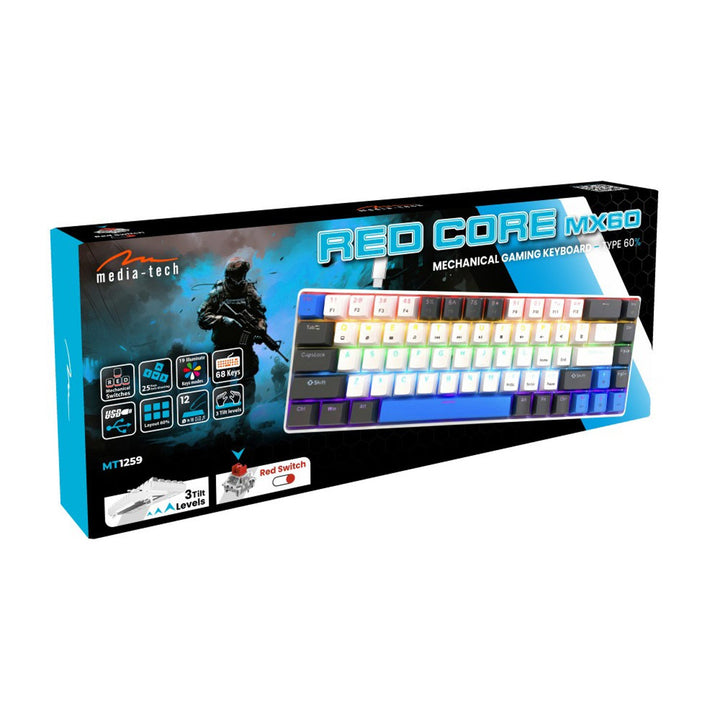 RED CORE MX60 - Кратка 60% механична геймърска клавиатура, безшумни механични превключватели RED, цветна подсветка, 68 клавиша, USB-C. Цвят: бял/син. Mediatech