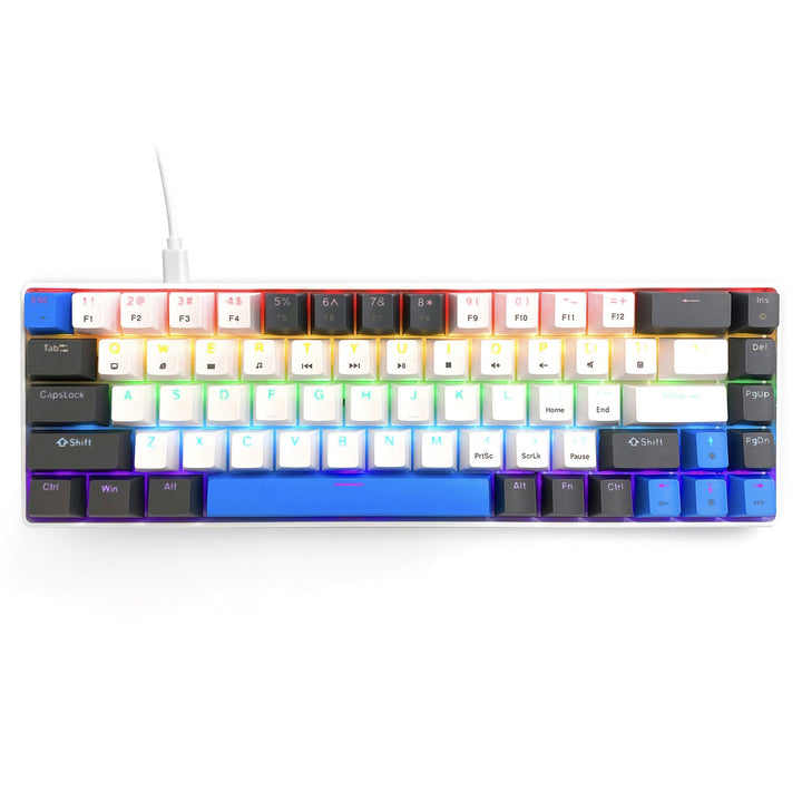 RED CORE MX60 - Кратка 60% механична геймърска клавиатура, безшумни механични превключватели RED, цветна подсветка, 68 клавиша, USB-C. Цвят: бял/син. Mediatech