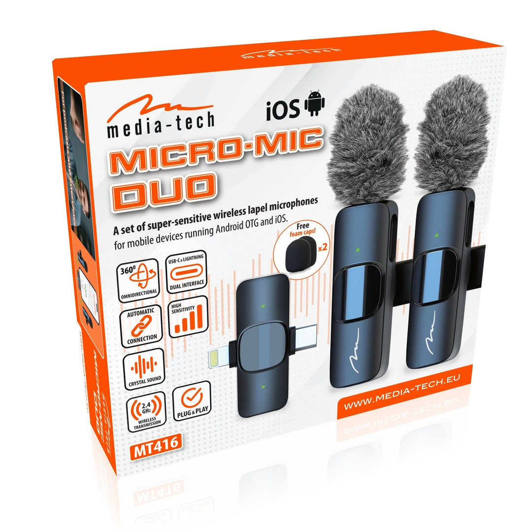 MICRO-MIC DUO – 2x безжичен микрофон за ревера (комплект), с клипс, iOS & Android (OTG), мини, суперчувствителен. USB-C & LIGHTNING, Mediatech