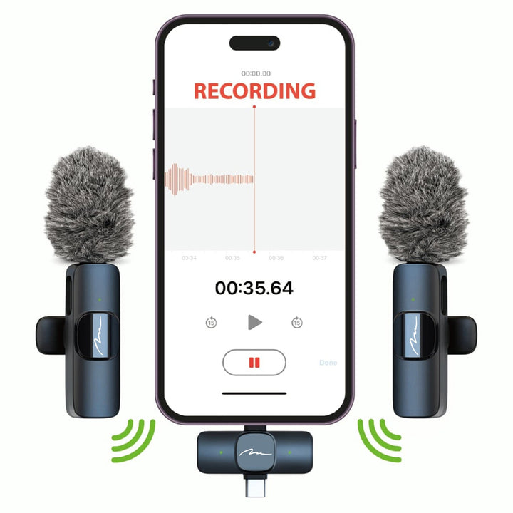 MICRO-MIC DUO – 2x безжичен микрофон за ревера (комплект), с клипс, iOS & Android (OTG), мини, суперчувствителен. USB-C & LIGHTNING, Mediatech