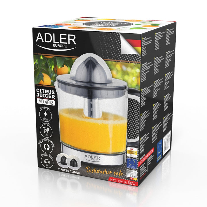 Сокоизтисквачка за цитрусови плодове Adler, капацитет 1,2 л, максимална мощност 60 W, черна, AD 4012