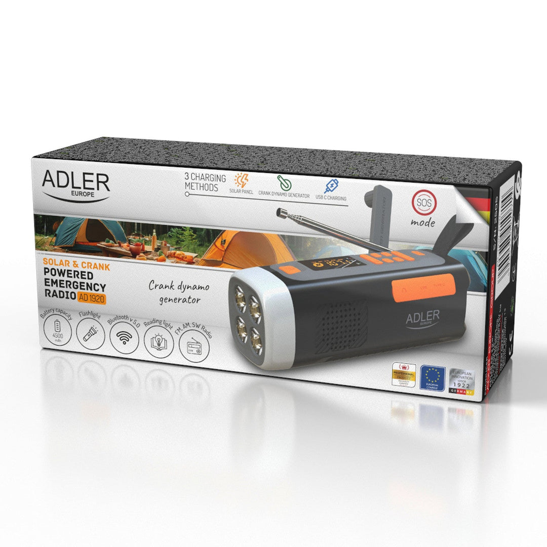 Аварийно радио Adler със соларен панел, ръчна манивела и power bank, Bluetooth 5.0, 4W LED фенер, 4500 mAh, AD 1920