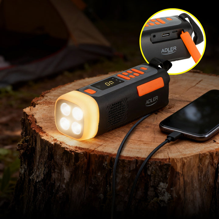 Аварийно радио Adler със соларен панел, ръчна манивела и power bank, Bluetooth 5.0, 4W LED фенер, 4500 mAh, AD 1920