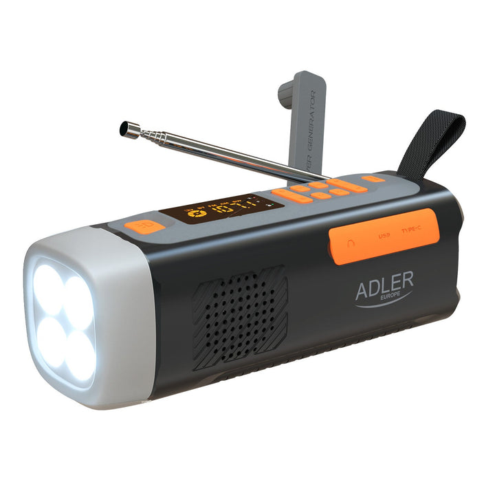 Аварийно радио Adler със соларен панел, ръчна манивела и power bank, Bluetooth 5.0, 4W LED фенер, 4500 mAh, AD 1920
