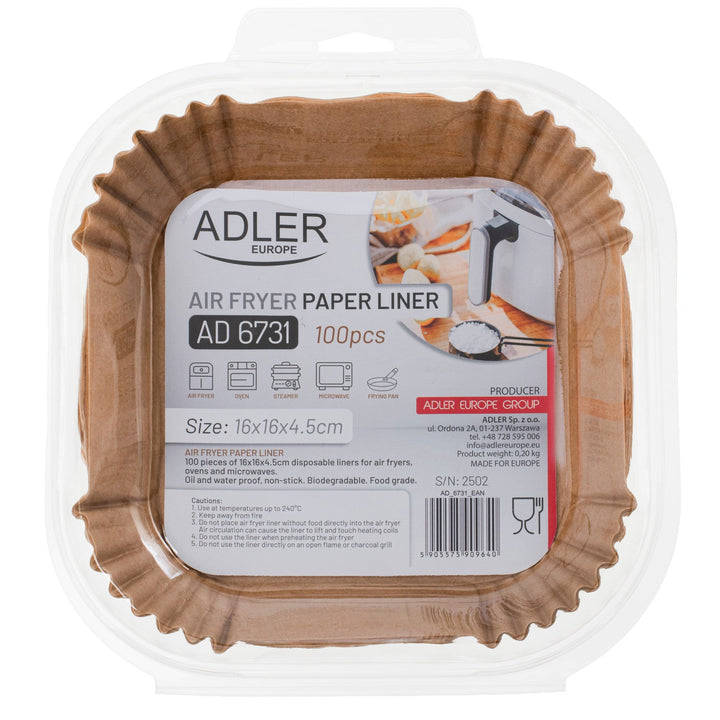 Хартиени вложки за фритюрници, фритюрници с въздух, Adler, 16 cm, до 240°C, биоразградими, 100 броя, AD 6731