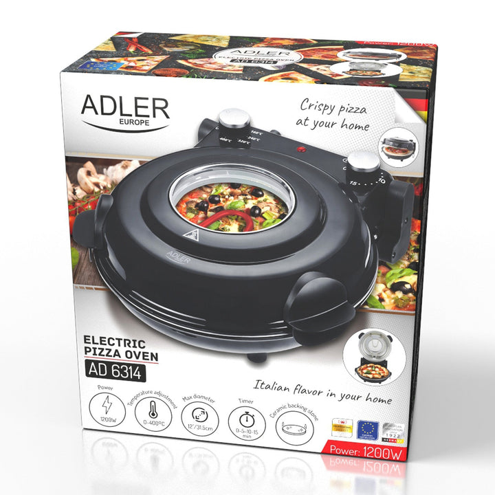 Пещ за пица Adler, регулиране на температурата до 400 °C, керамичен камък, два нагревателни елемента, AD 6314
