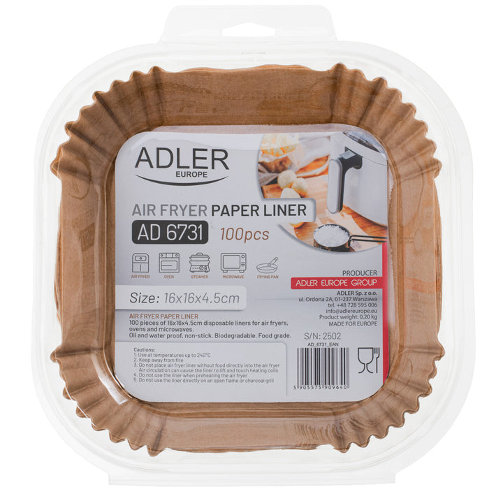 Хартиени вложки за фритюрници, фритюрници с въздух, Adler, 16 cm, до 240°C, биоразградими, 500 броя, AD 6731