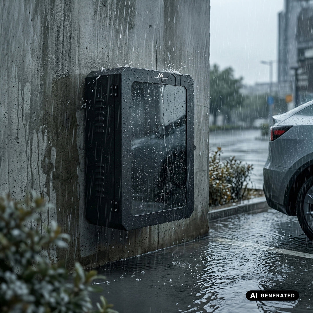 Шкаф за зарядно устройство за електромобили Maclean, водоустойчив IP65, стомана + закалено стъкло, размери 70x50x25 см, MC-900