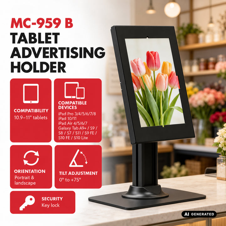Рекламна стойка за таблет Maclean, със заключващ механизъм, 10,9"-11", за iPad Air/Pro, Samsung Tab A&S Series, 220x323x22 мм, MC-959 B